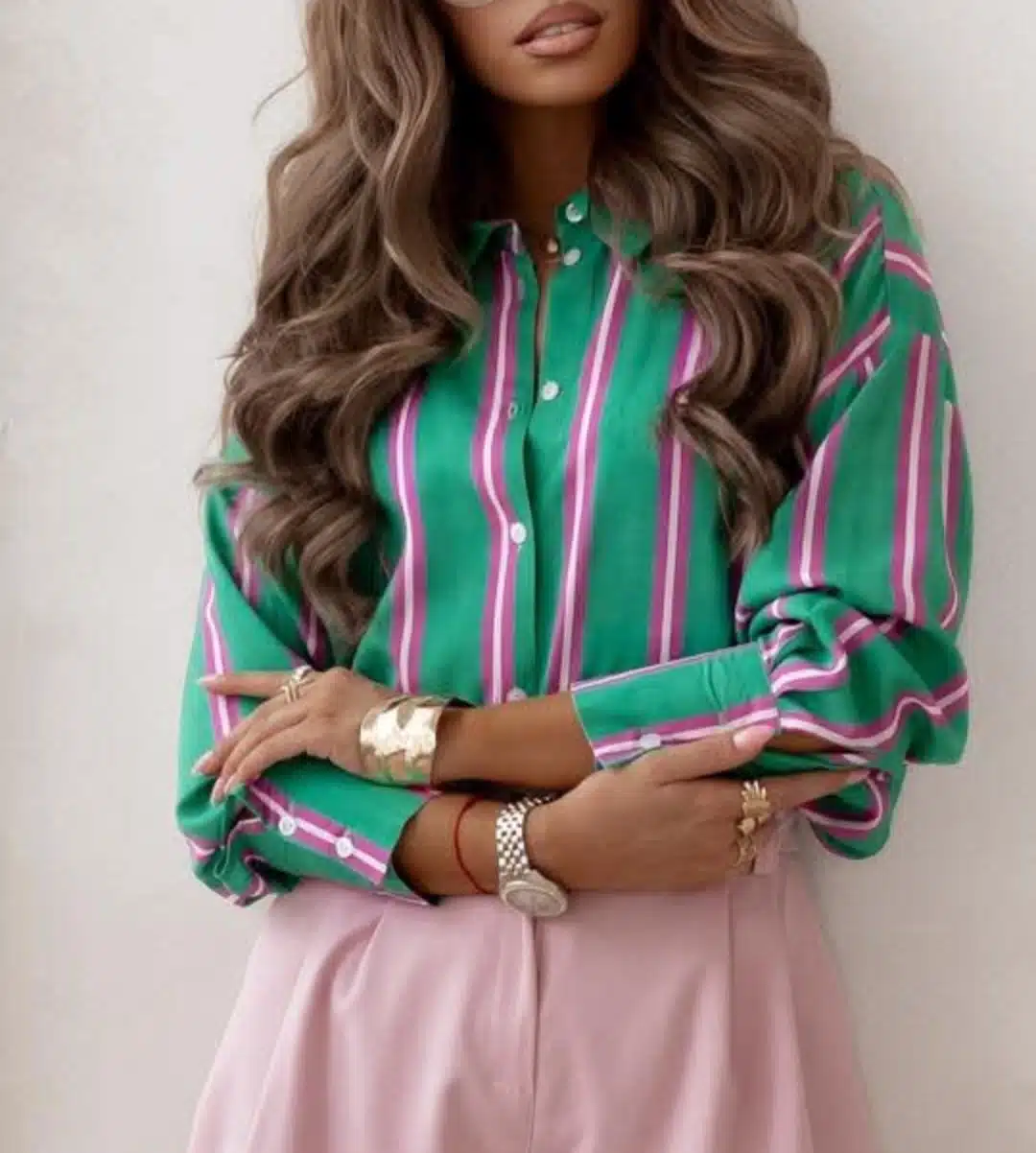 Bluzka zielona w pasy Fuksjowe