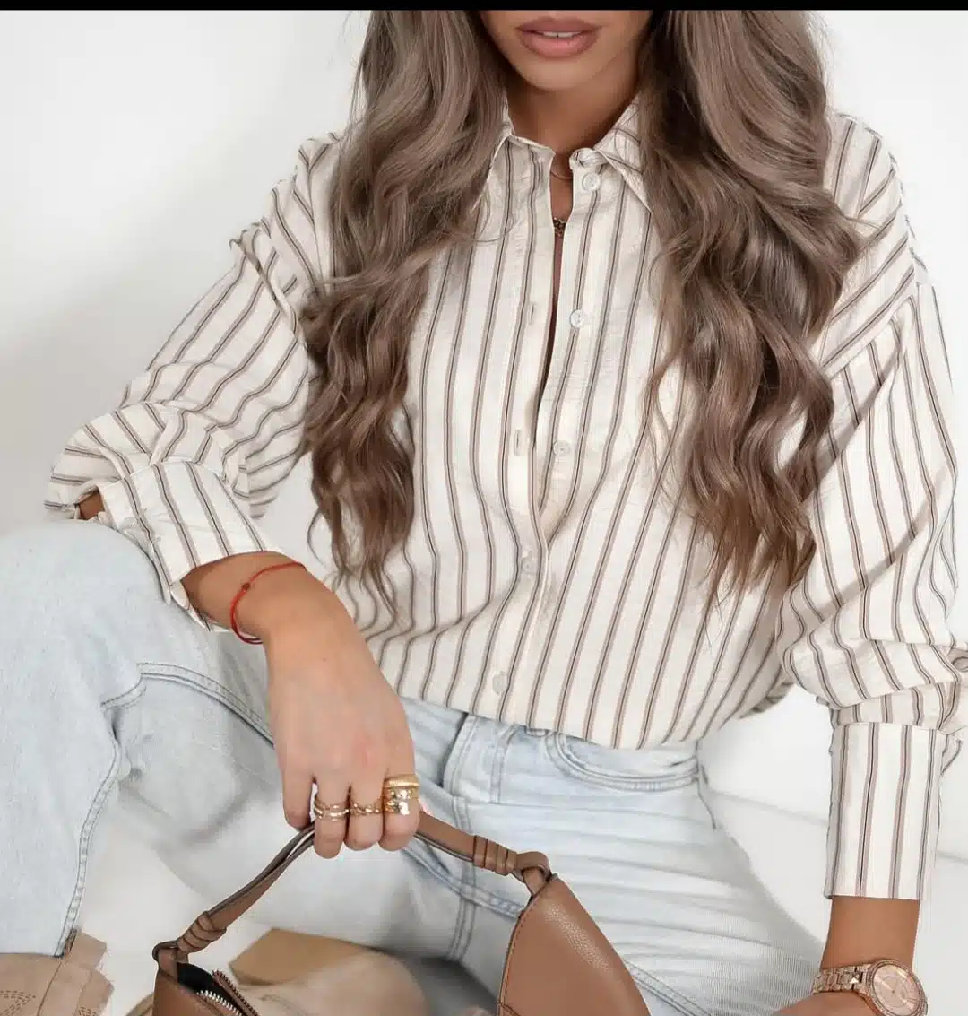 Bluzka w paski beżowe z czarnym