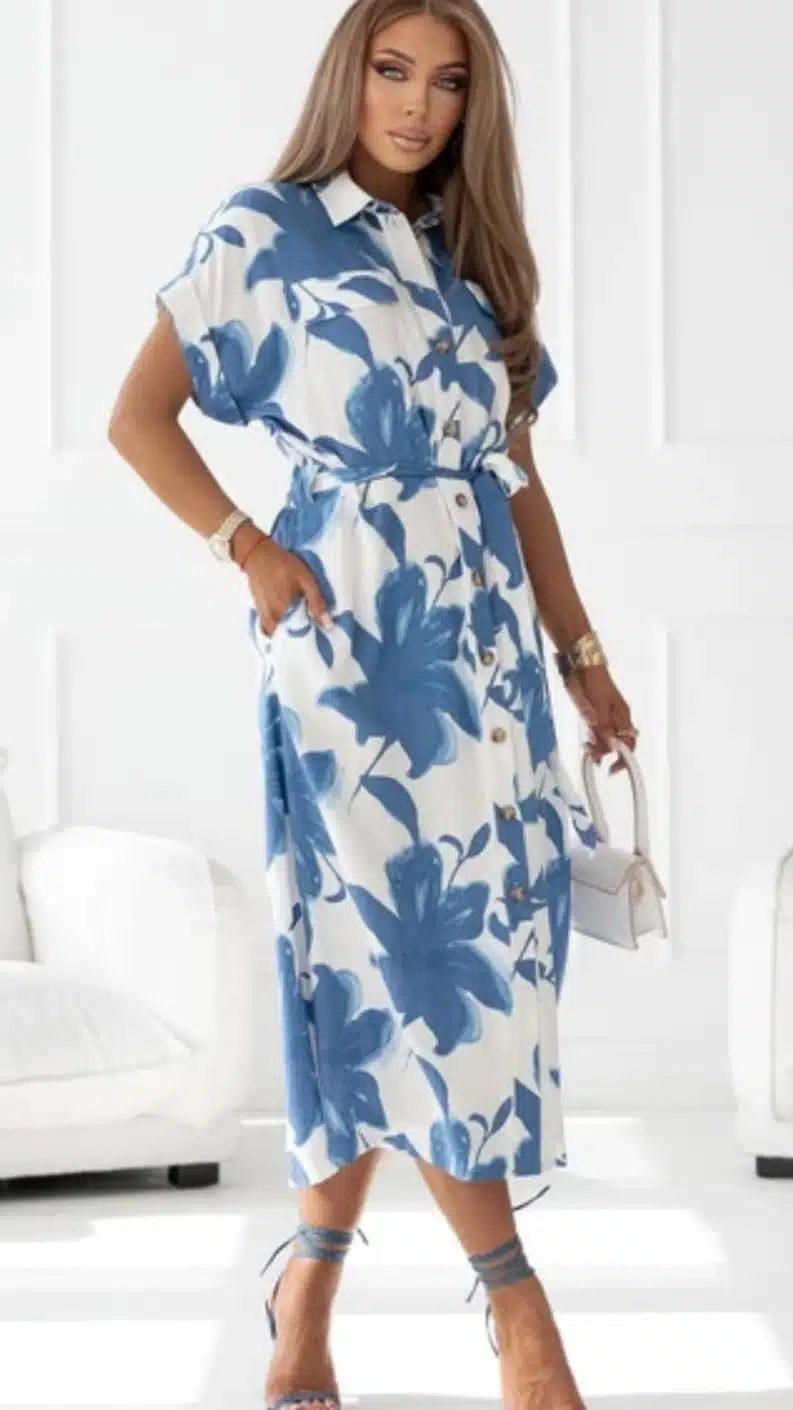 Sukienka midi z wiskozy w niebieskie kwiaty