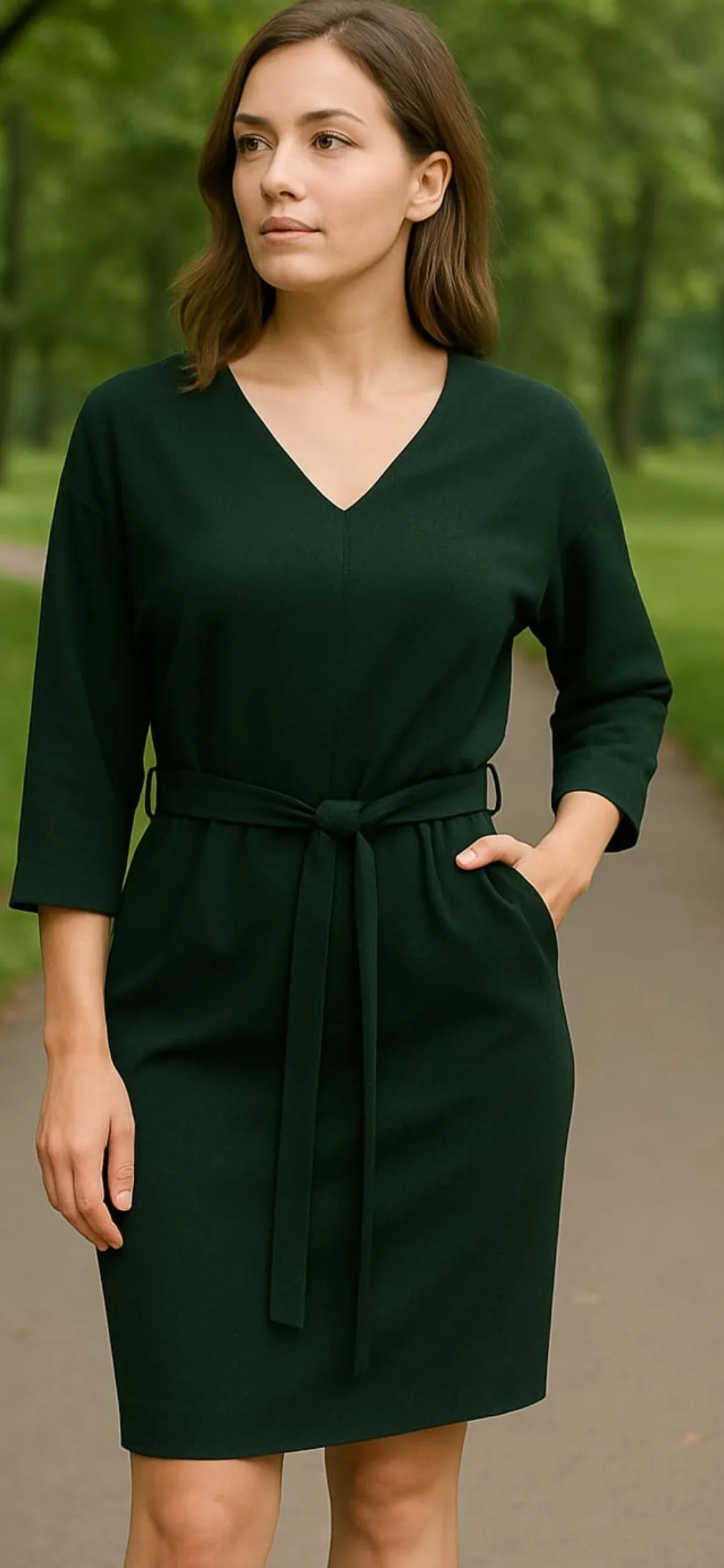 Sukienka De Fitto – butelkowa zieleń z paskiem