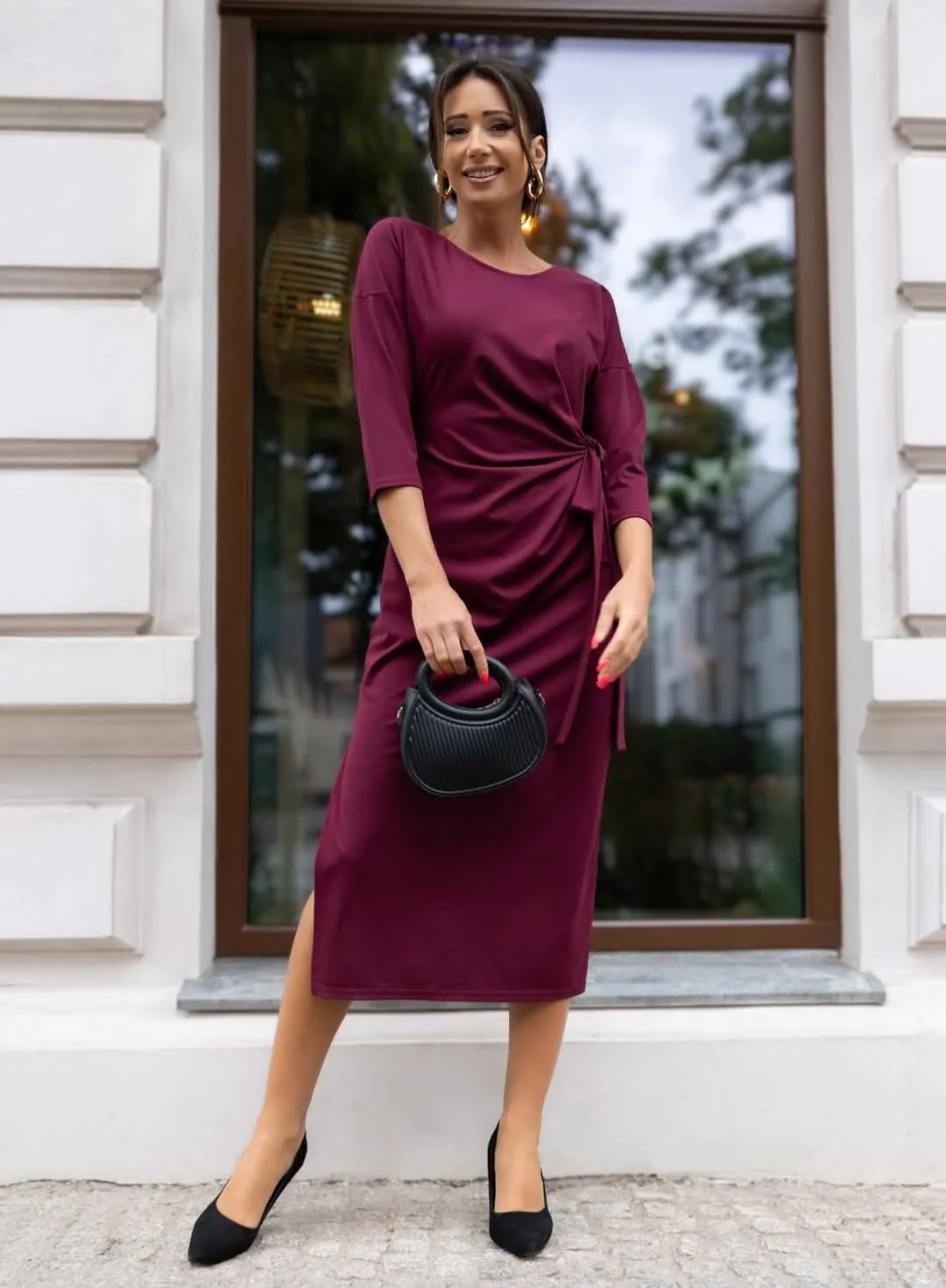 Sukienka bordowa midi wiązana z boku