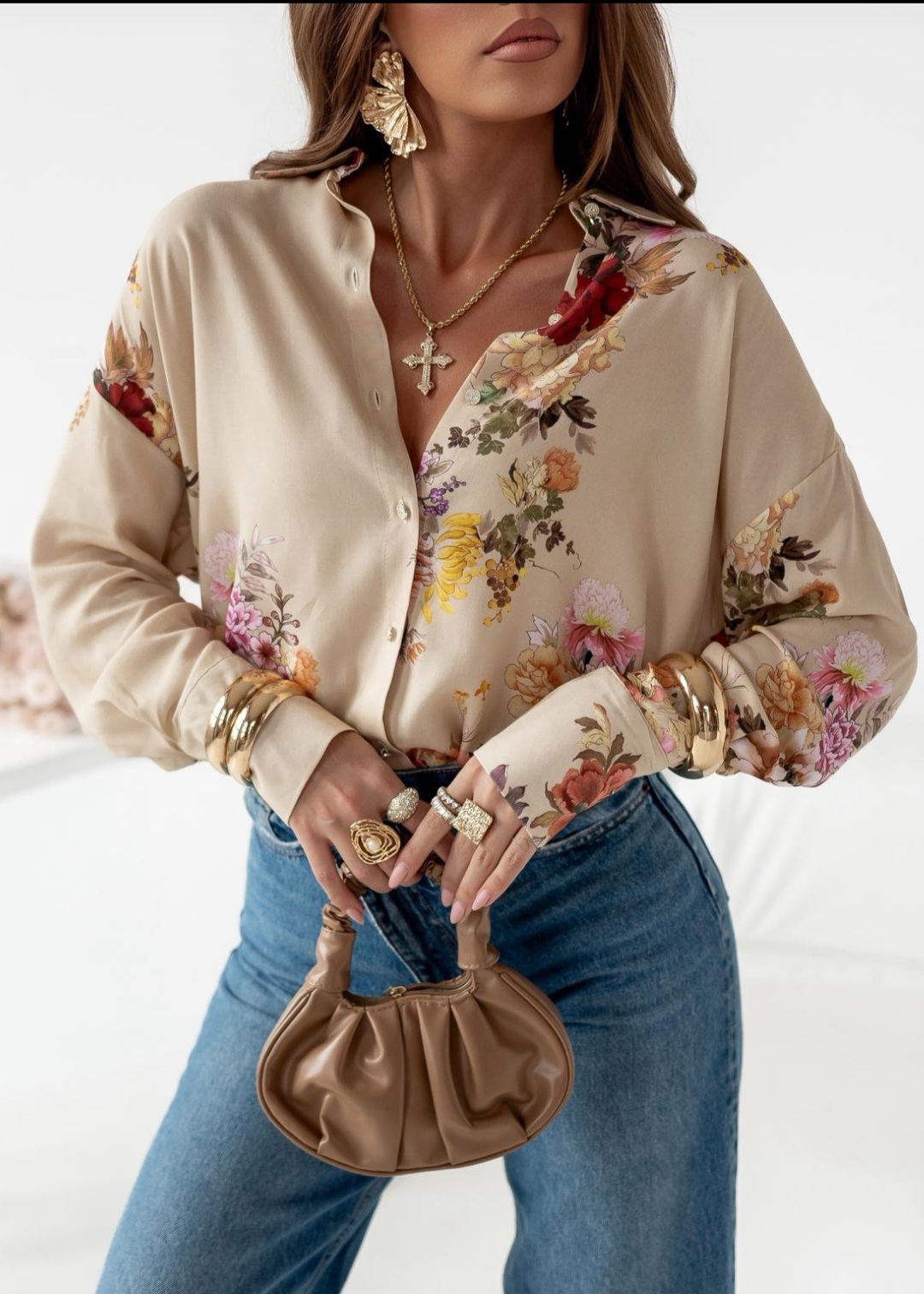 koszula Roomy – print kwiat beż róż żółty