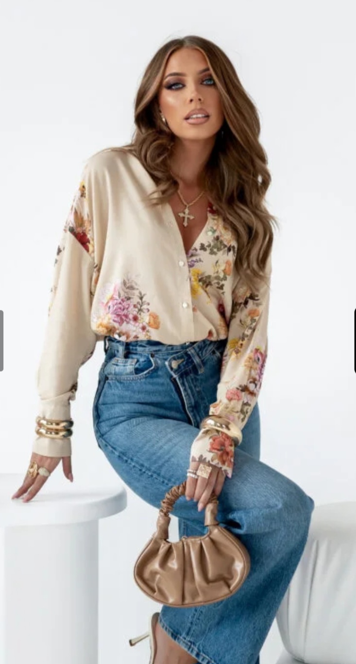 koszula Roomy – print kwiat beż róż żółty