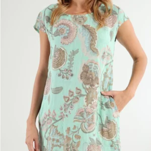 Zielona sukienka bawełniano lniana w kwiaty