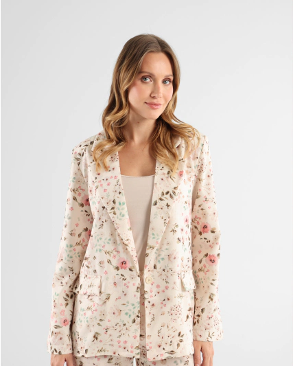 Beżowy żakiet w kwiaty z paskami