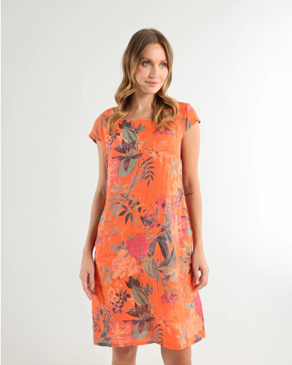 Sukienka pomarańczowa lniana w kwiaty