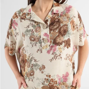 Beżowa wiskozowa bluzka w kwiaty