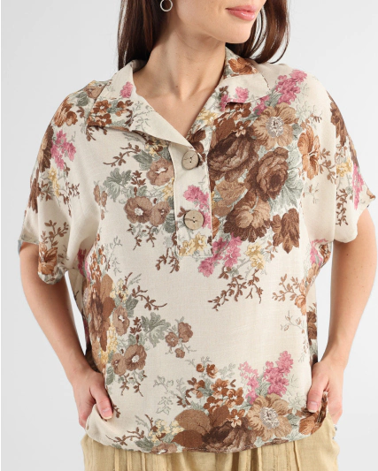 Beżowa wiskozowa bluzka w kwiaty