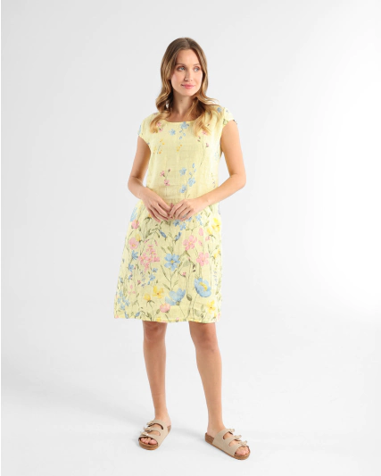 Żółta lniana sukienka z kieszeniami